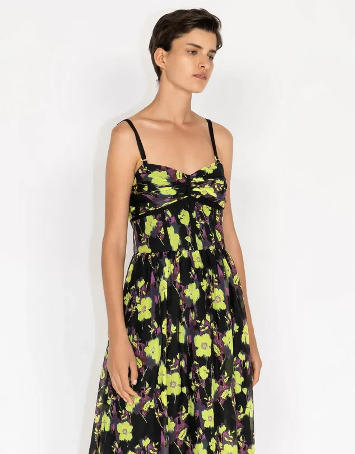 Cue Neon Rose Ruched Bodice Midi Dress Floral Size 8 - Image 2