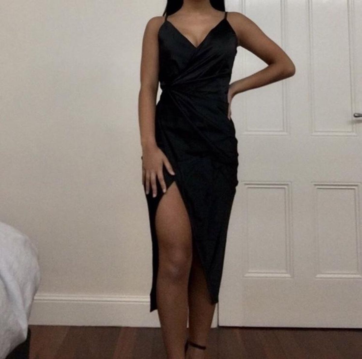 Sasha Satin Wrap Dress in Black- Meshki - Image 3