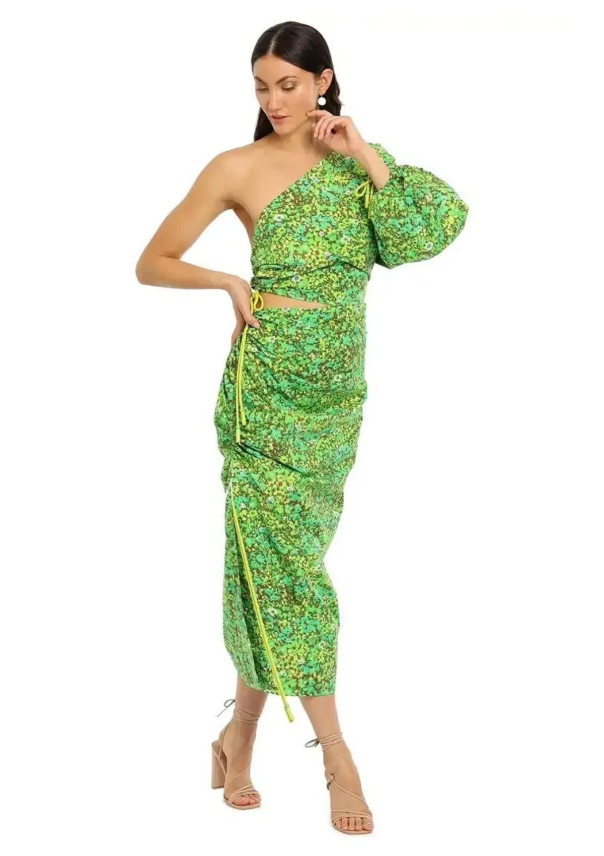Alemais Phyllis Asymmetric Midi Dress in Green Floral Size 6 for rent on The Volte - main image