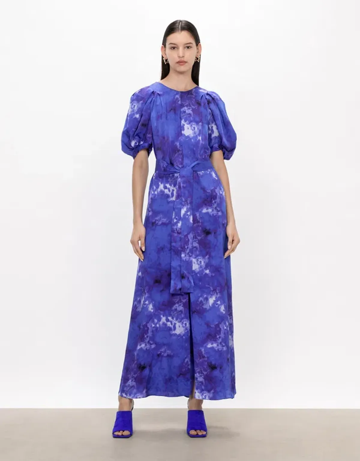 Veronika Maine Clouded Satin Midi Dress Blue Jewel Size AU 14 for rent on The Volte - main image