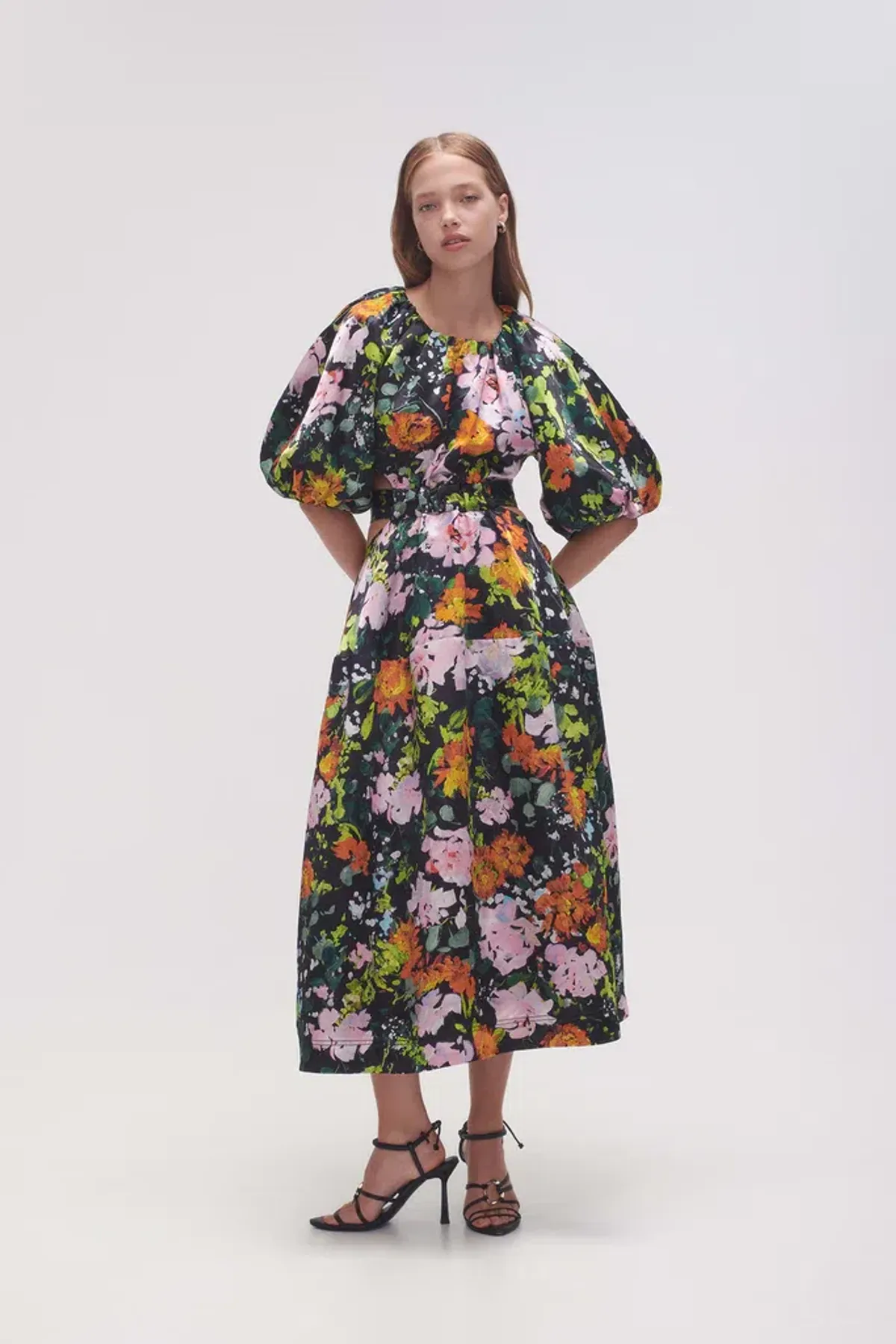 Aje Mimosa Cutout Midi Dress Puff Sleeves Midnight Floral Size AU 10  for rent on The Volte - main image