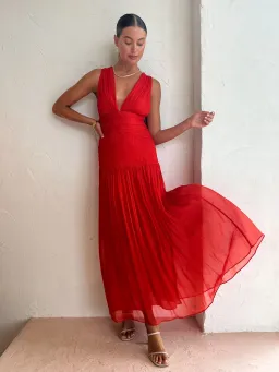 Shona Joy Leilani Midi Plunge Tie Back Dress Hibiscus Red Size 6 for rent on The Volte - image 1