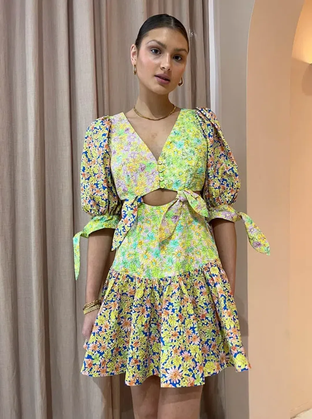 Alemais Daisy Spliced Mini Dress Multi Floral Size 10 for rent on The Volte - main image