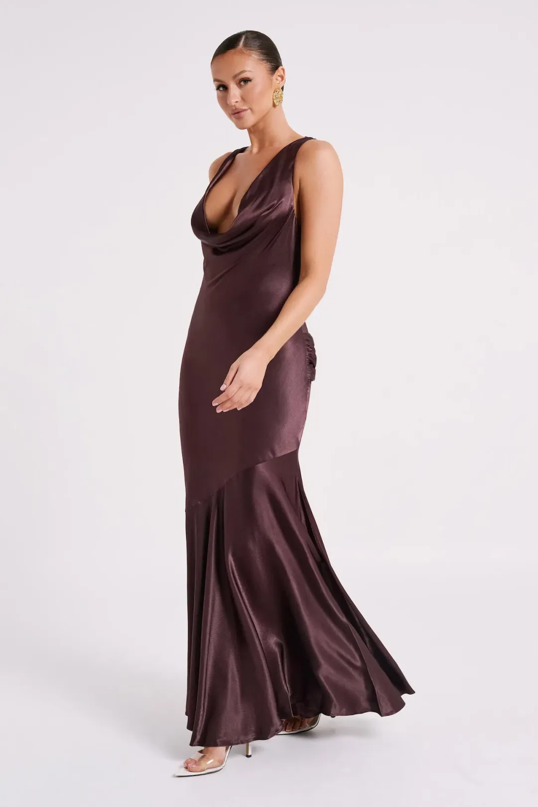 Meshki Ellison Satin Cowl Gown Dark Chocolate Size L / AU 12 for rent on The Volte - main image