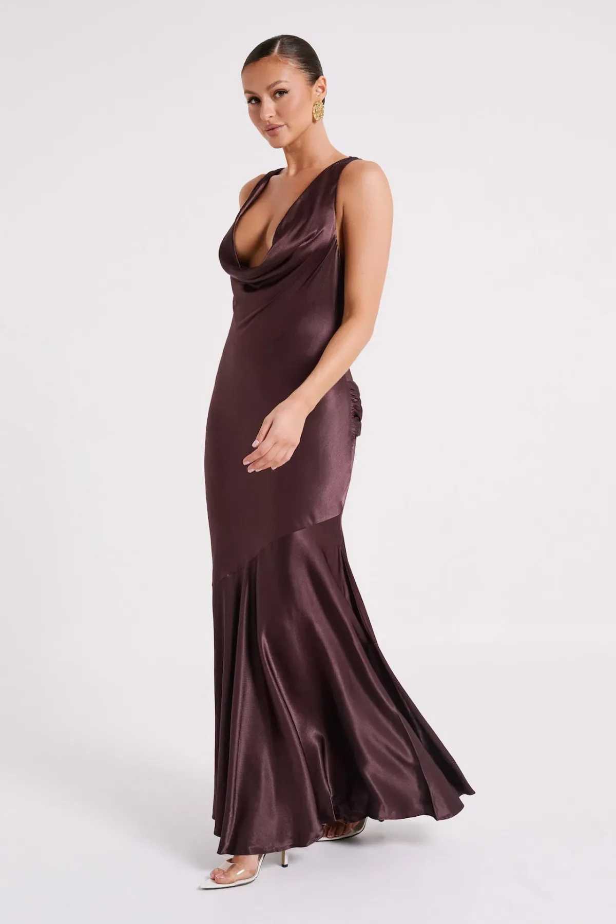 Meshki Ellison Satin Cowl Gown Dark Chocolate Size L / AU 12 for rent on The Volte - main image