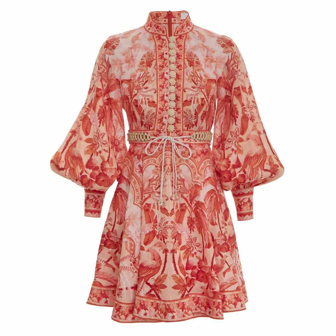 Zimmermann Lyre Billow Sleeve Mini Dress Red Palm Print Size 0/Au 8  for rent on The Volte - main image