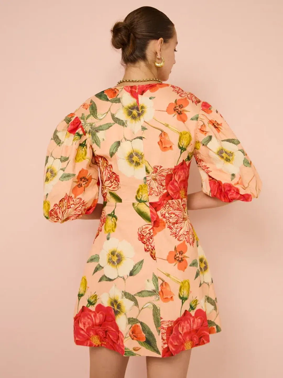 By Nicola Bolero Gathered Neckline Mini Dress In Raspberry Punch Floral Size 8 for rent on The Volte - main image