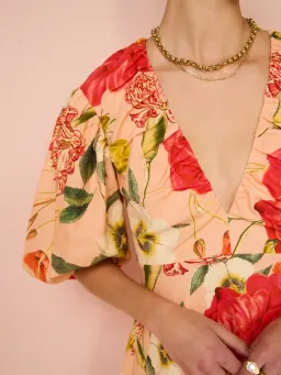 By Nicola Bolero Gathered Neckline Mini Dress In Raspberry Punch Floral Size 8 for rent on The Volte - image 6