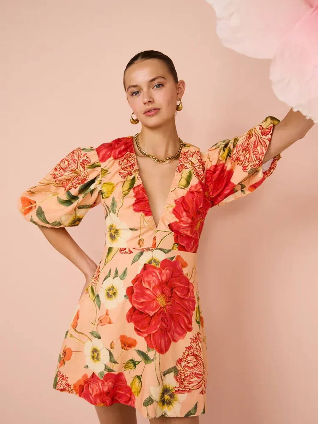 By Nicola Bolero Gathered Neckline Mini Dress In Raspberry Punch Floral Size 8 for rent on The Volte - main image