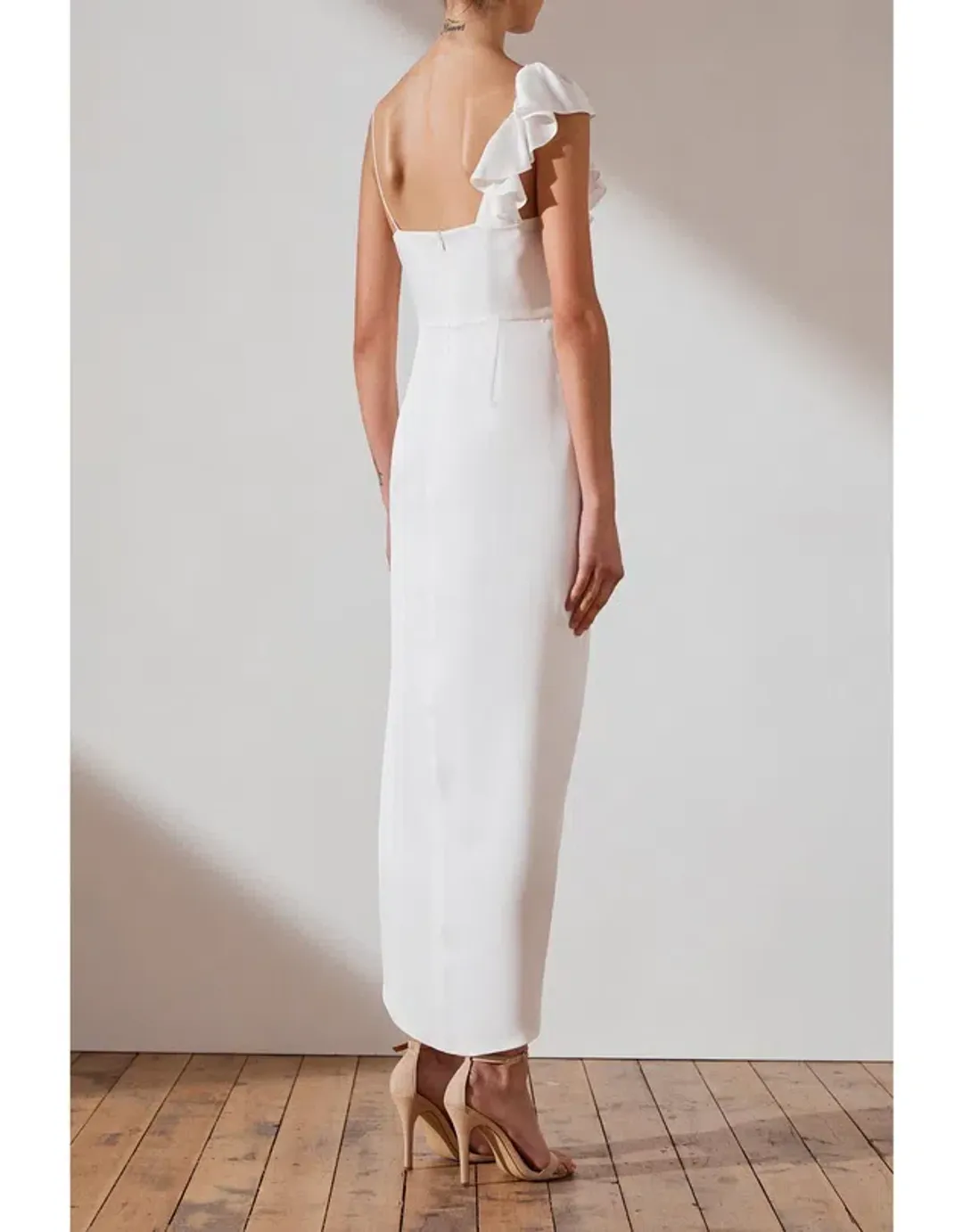 Shona Joy Asymmetrical Frill Midi Dress Ivory Size 10 for rent on The Volte - main image