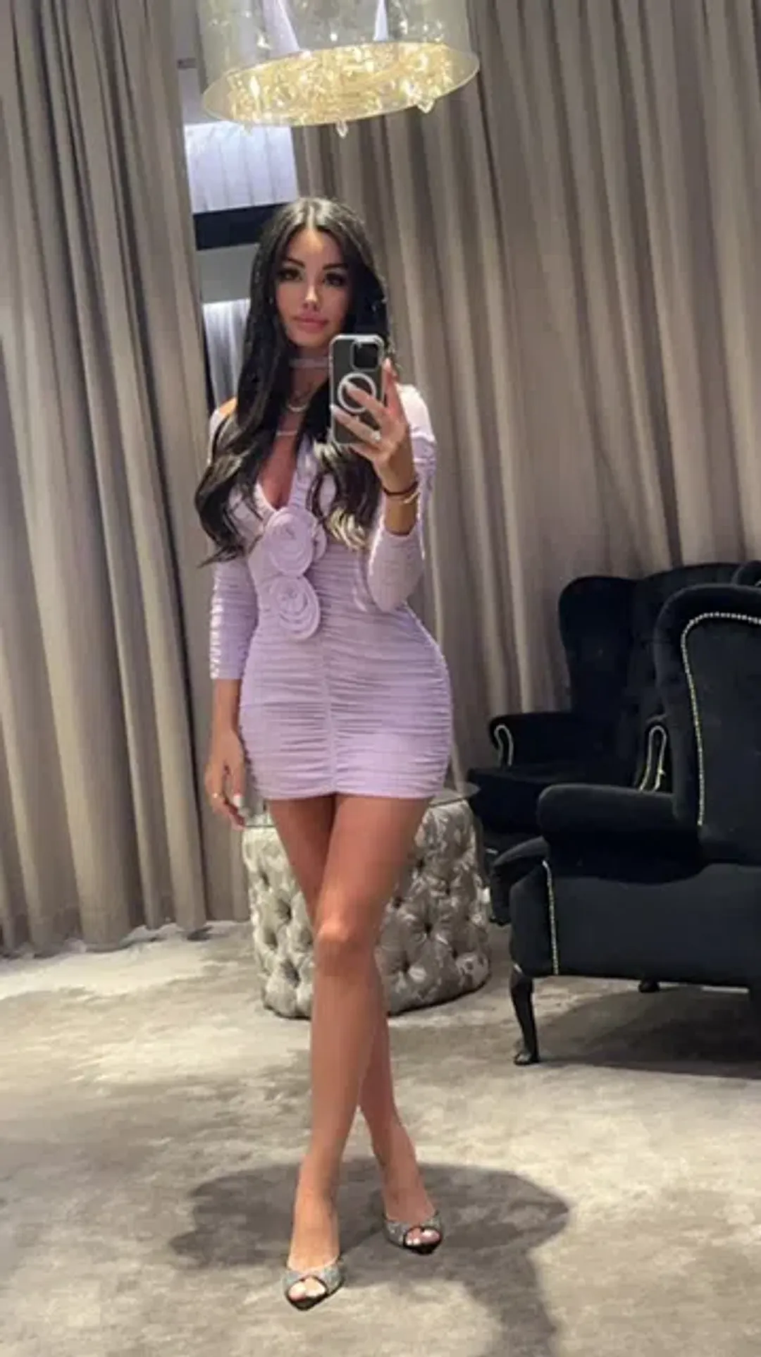 Magda Butrym Floral Appliqué Ruched Mini Dress Purple Size 8 for rent on The Volte - main image