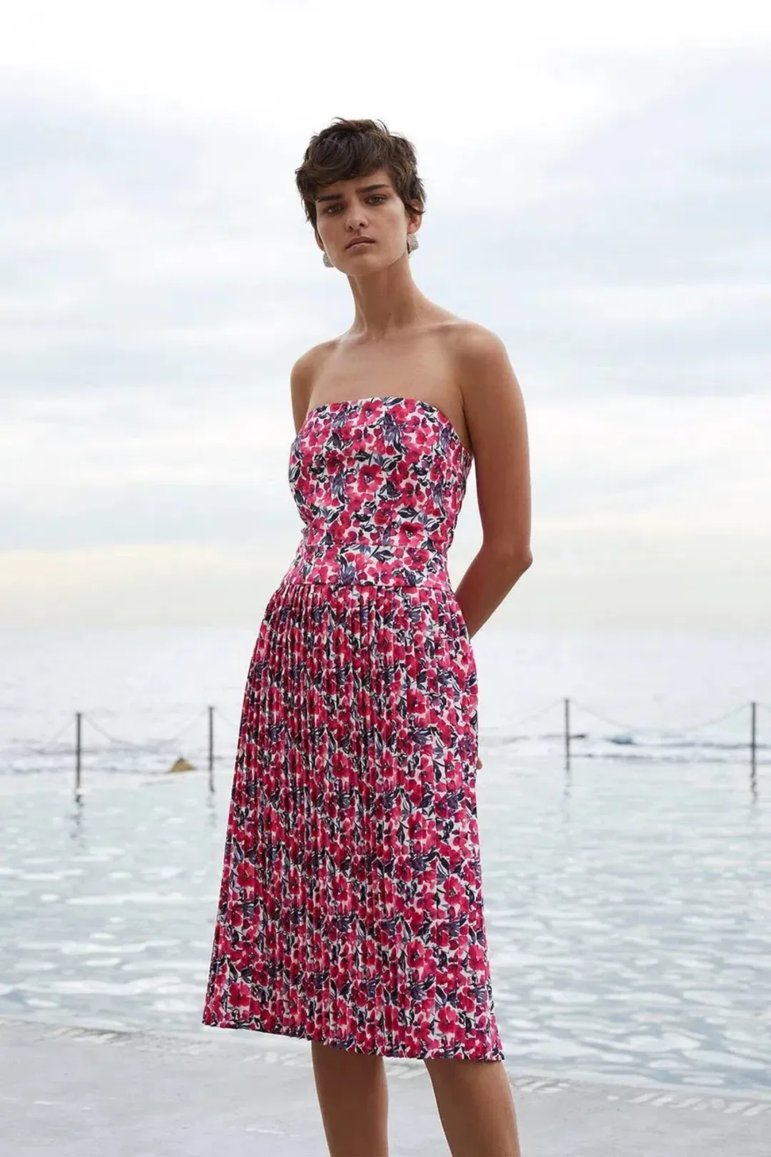 By Johnny Strapless Pleated Midi Dress Floral Size 12 for rent on The Volte - main image