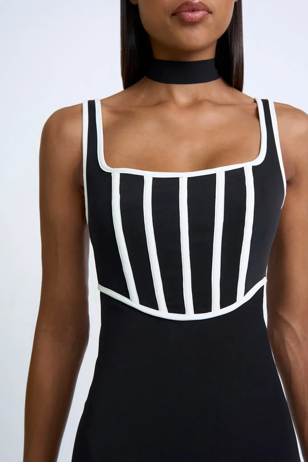By Johnny Basia Boned Bustier Midi Dress Black Ivory Size 6 for rent on The Volte - main image