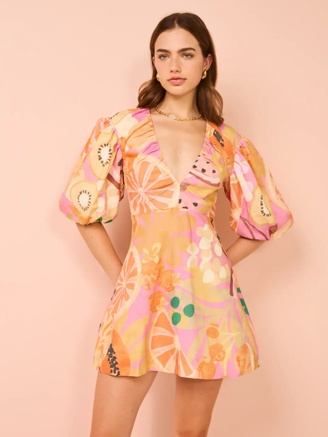 By Nicola Bolero Gathered Neckline Mini Dress In Fruit Punch Size AU 8 for rent on The Volte - main image