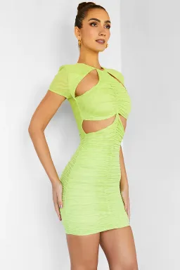 House Of CB Gathered Mesh Cutout Mini Dress Lime Size 10 for rent on The Volte - image 3