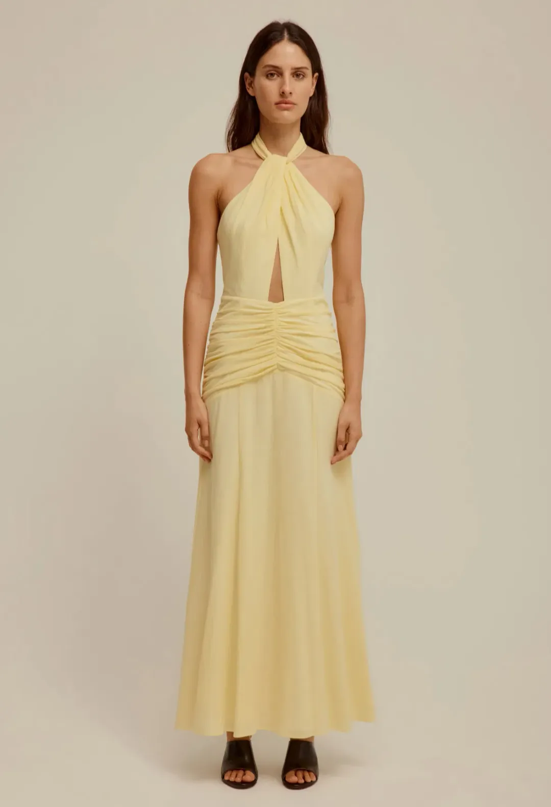 Venroy The Halter Neck Cut Out Dress in Pastel Yellow Size 6  for rent on The Volte - main image