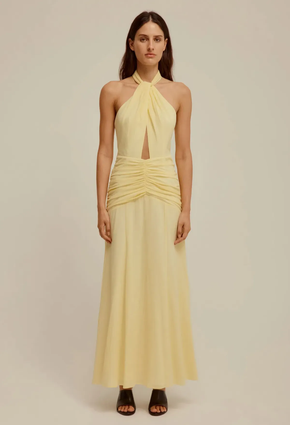Venroy The Halter Neck Cut Out Dress in Pastel Yellow Size 6  for rent on The Volte - main image