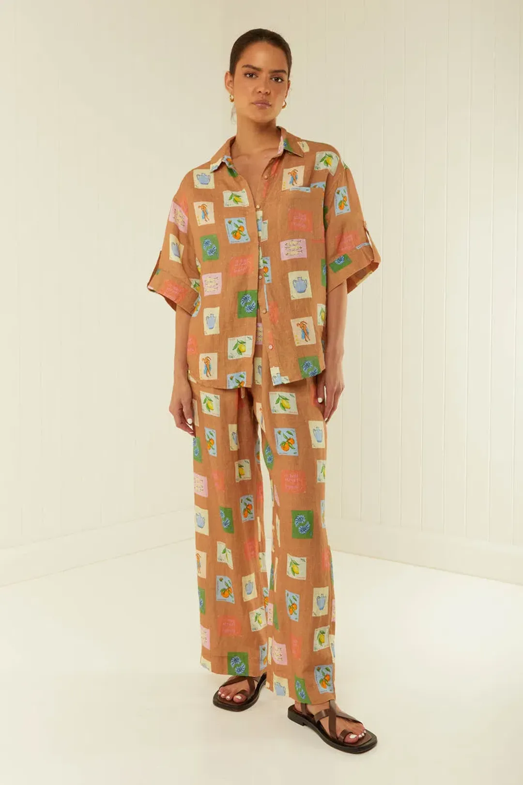 Palm Noosa Mirage Shirt and Hallie Pants Set Brown Emblem Size 8 for rent on The Volte - main image