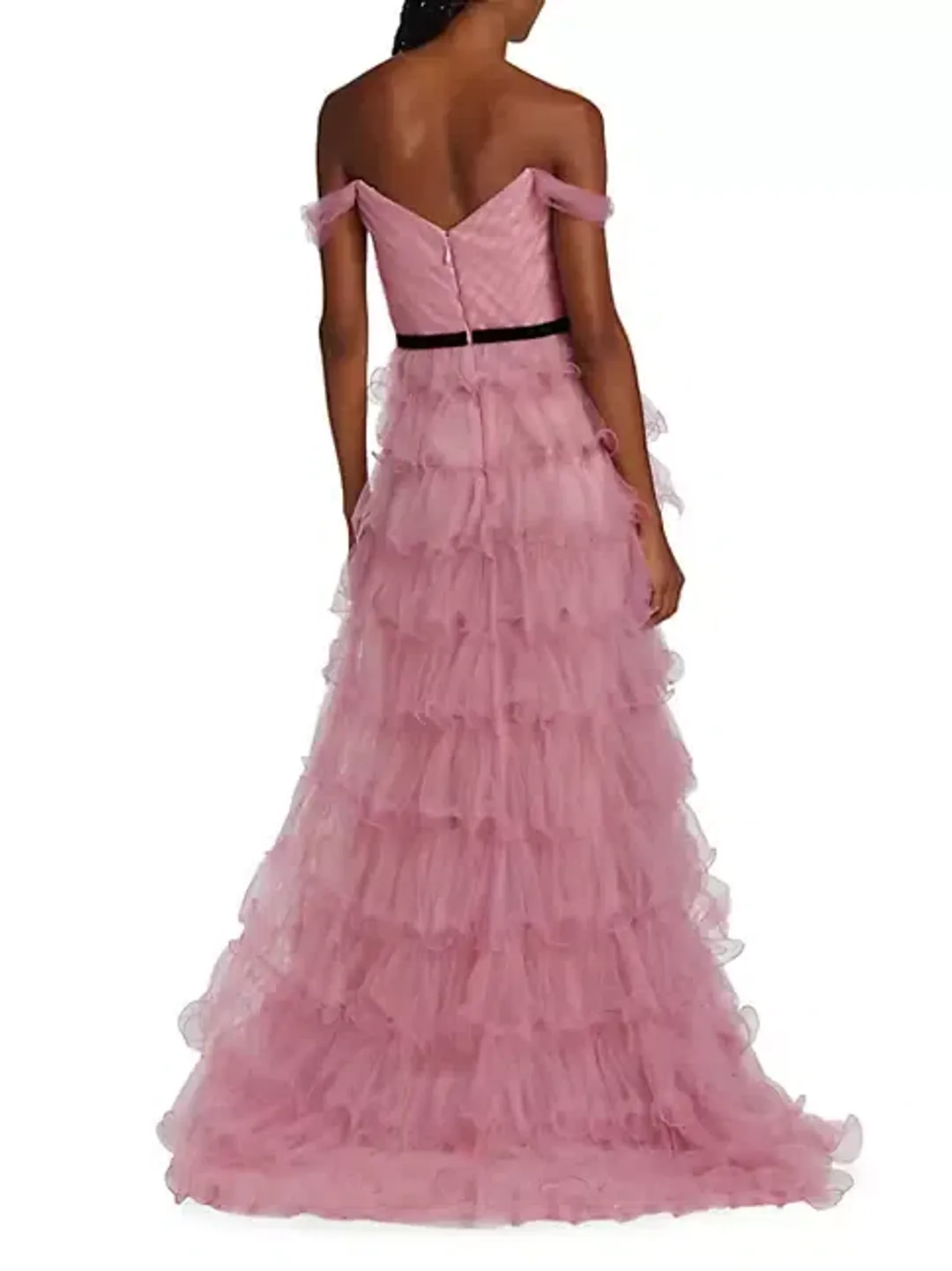 Marchesa Notte Off-the-shoulder Tiered Tulle Gown Pink Size AU 8 for rent on The Volte - main image