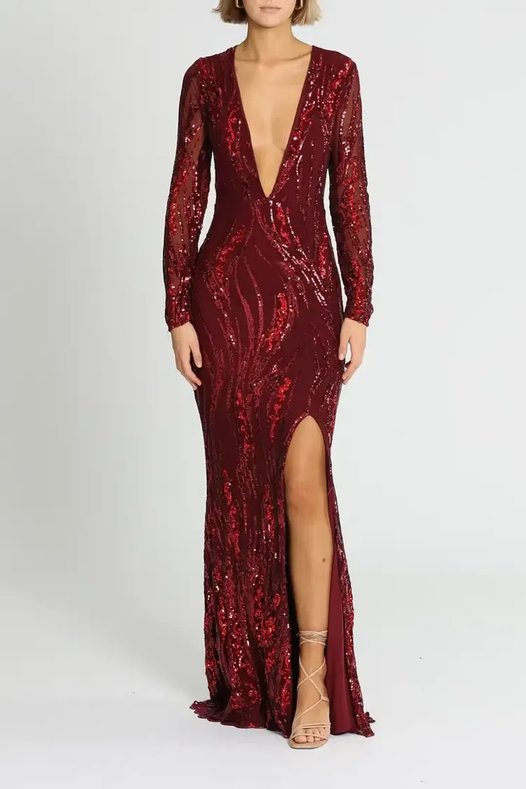 L'amour Deep V Plunge Dress in Wine Size AU 8 for rent on The Volte - main image