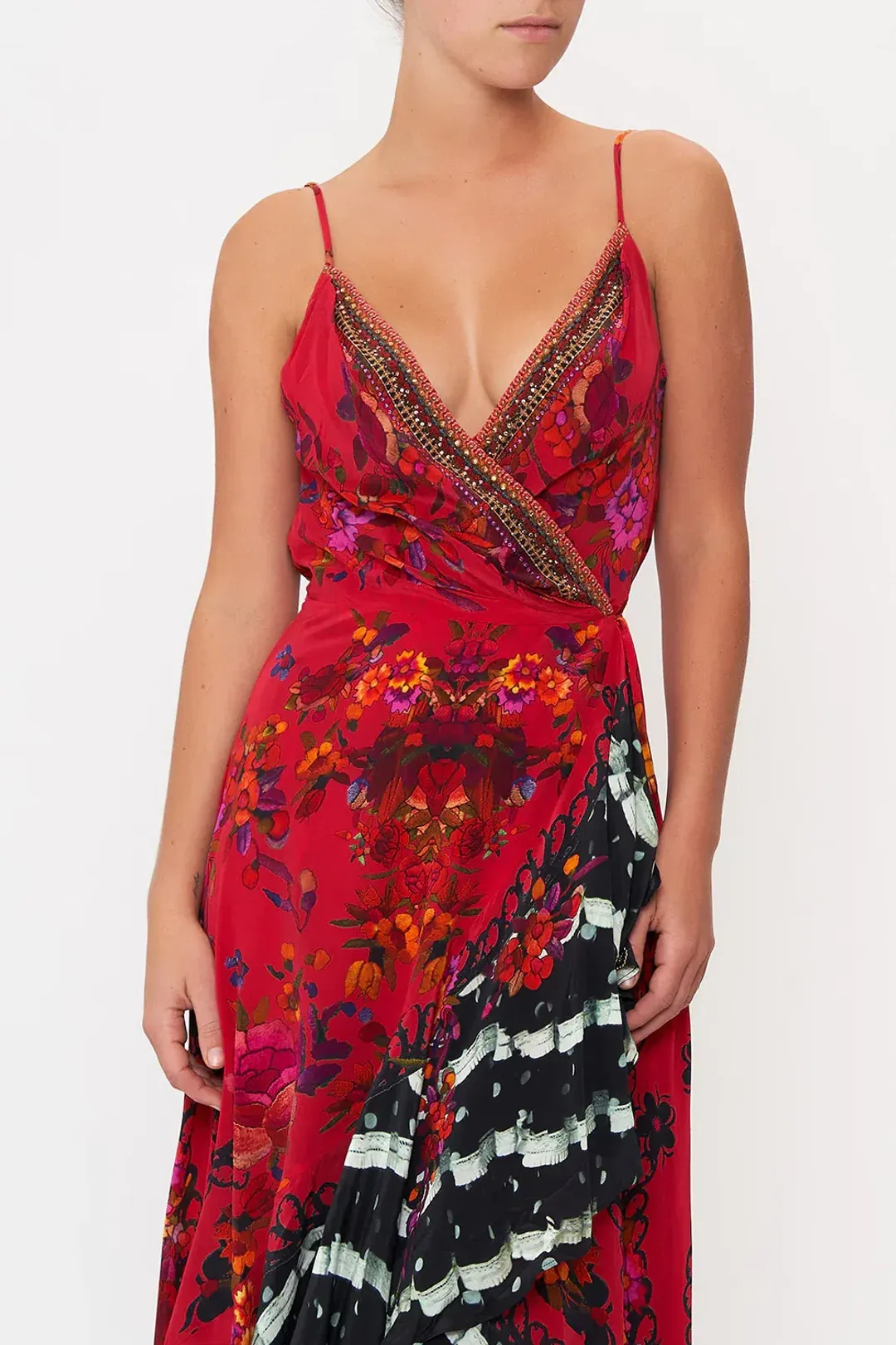 Camilla Draped Front Wrap Dress Red Multi Size 10 for rent on The Volte - main image