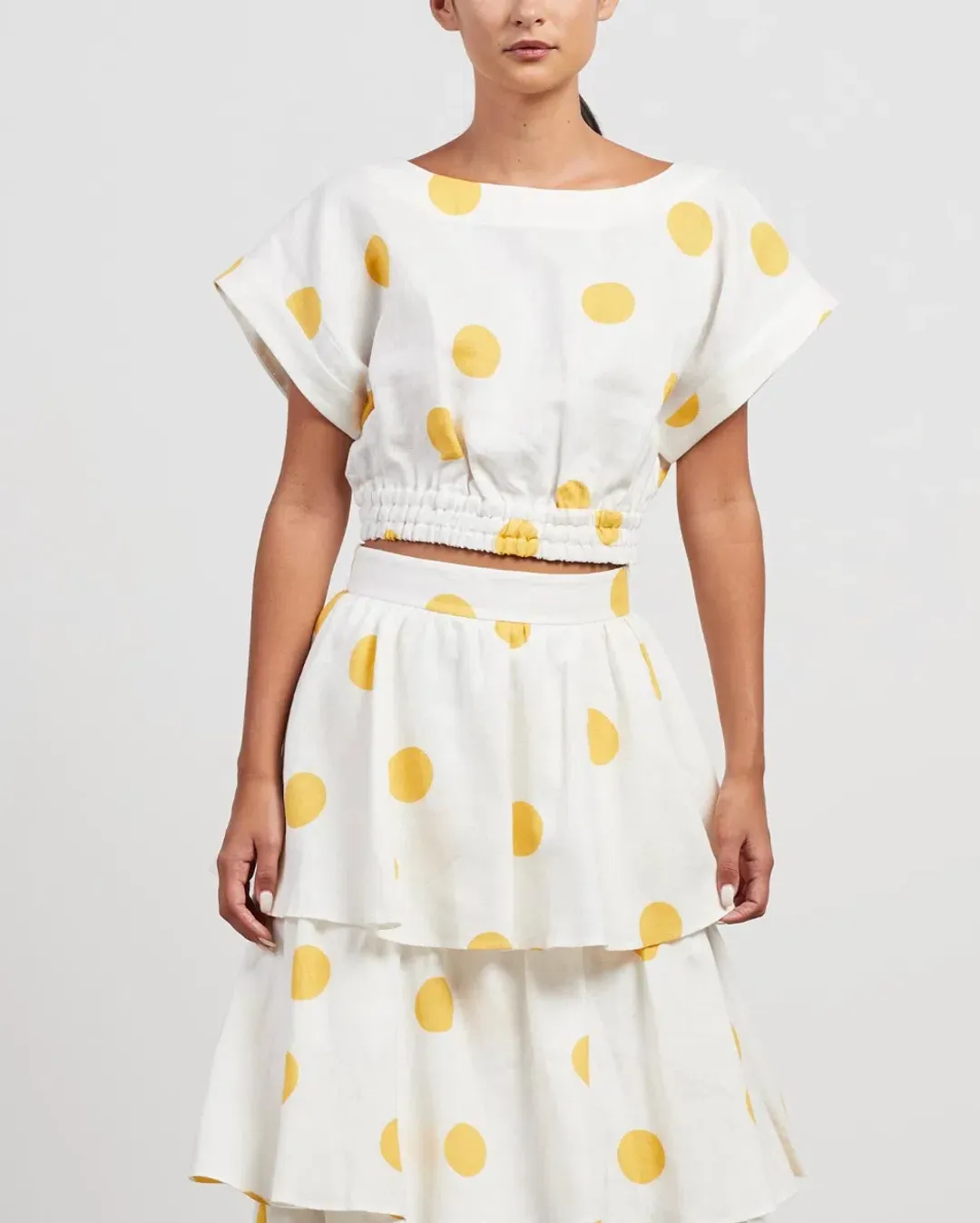 Rebecca Vallance Aya Polka-Dot Linen Midi Skirt and Crop Set White Print Size 12 for rent on The Volte - main image
