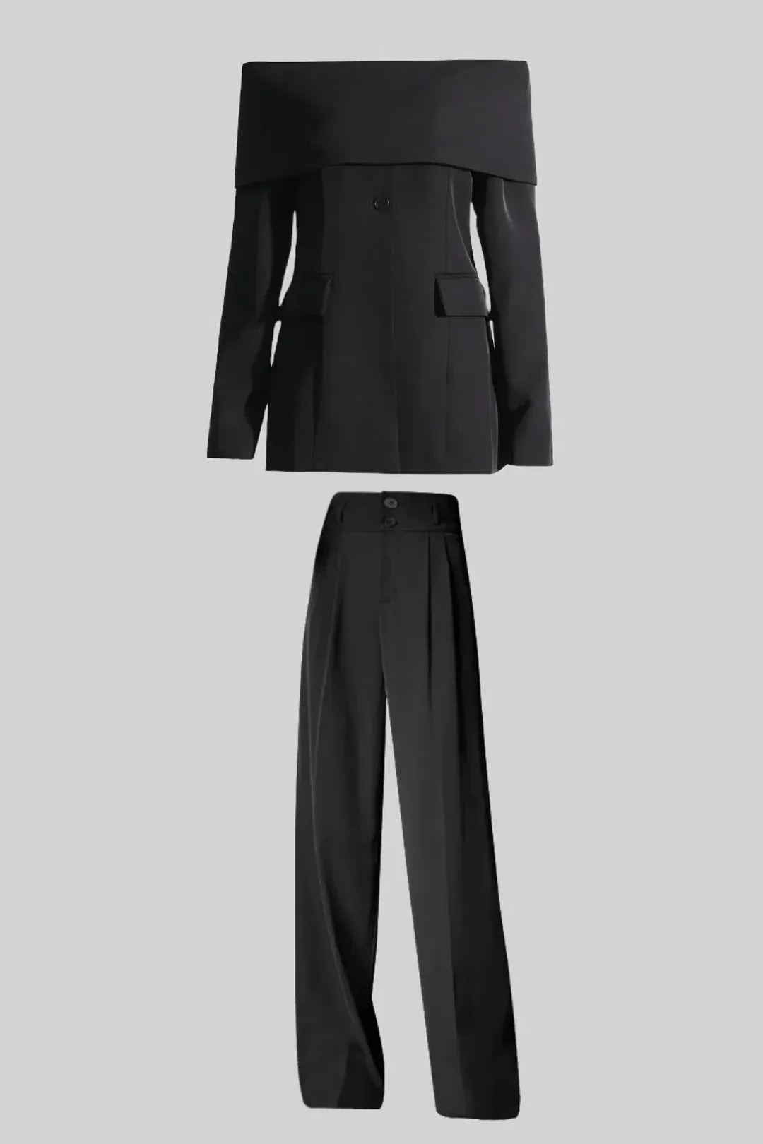 Sierra Darien Cut Out Shoulder Jacket and High Waist Loose Pants Set Black Size M / AU 10 for rent on The Volte - main image