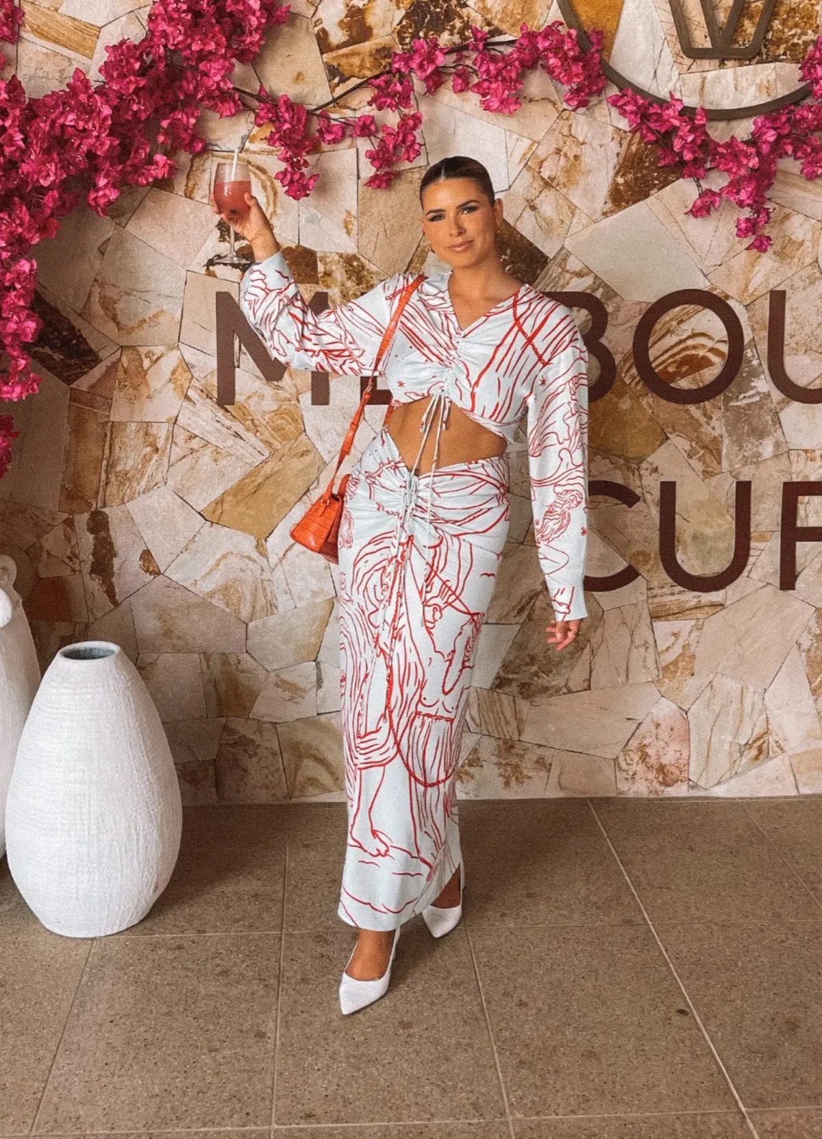 Christopher Esber Ruched Disconnect Shirt Dress Odyssey Print in Red/Ice Size 4 for rent on The Volte - main image