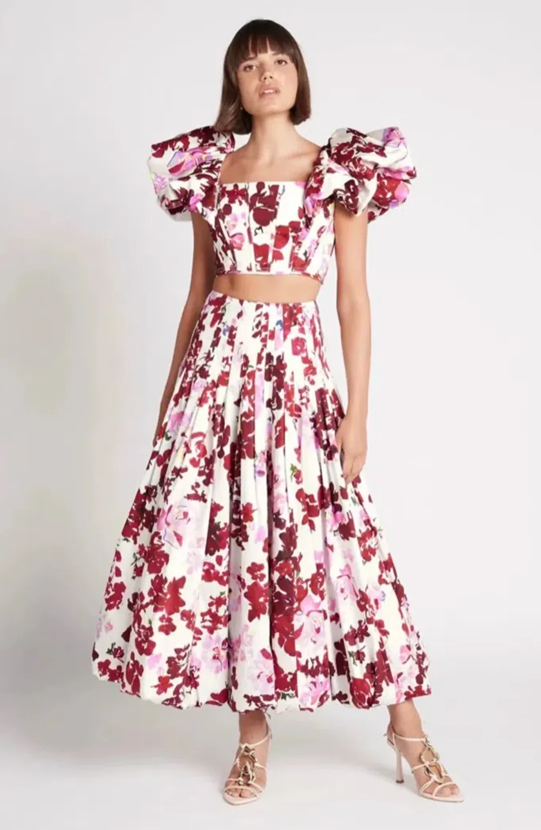 Aje Cherie Bubble Midi Skirt and Top Set Red Floral Size 8 for rent on The Volte - main image