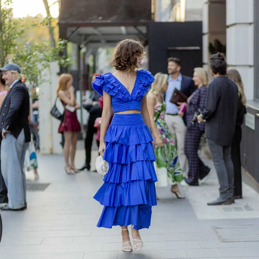 Aje Rhytmic Frill Bodice and Eleni Tiered Maxi Skirt Eleni Set Blue Size 10-12 for rent on The Volte - main image