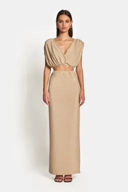 Sofia The Label Valentina Draped Crop Top and High Waist Maxi Skirt Set In Gold Lurex Size 8 for rent on The Volte - image 2
