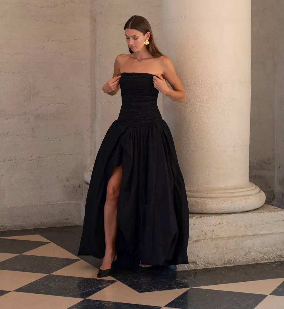 Aje Violette Bubble Hem Maxi Dress Black Size 6 for rent on The Volte - main image