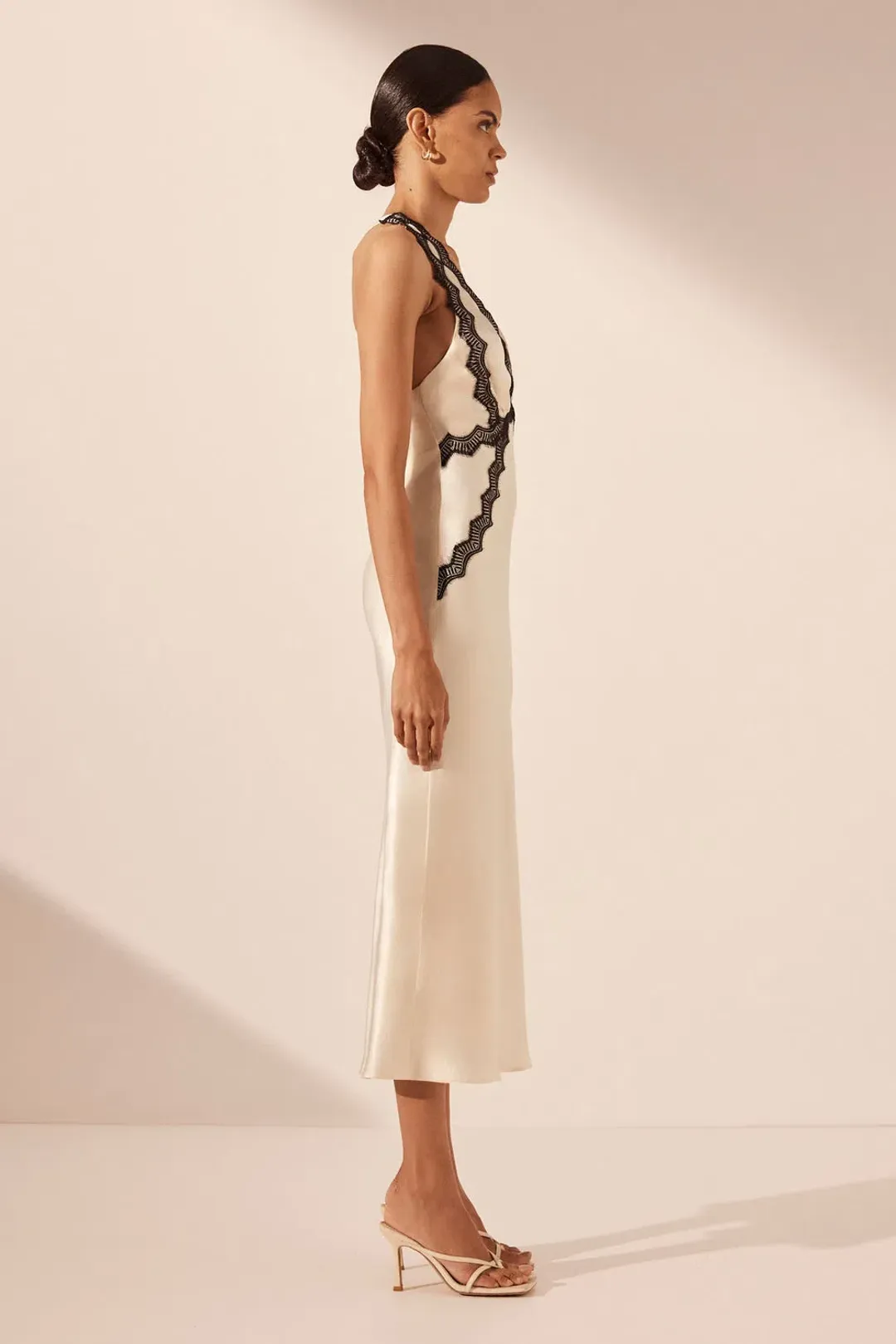 Shona Joy Camille Lace Cross Back Midi Dress Cream/Black Size 12 for rent on The Volte - main image