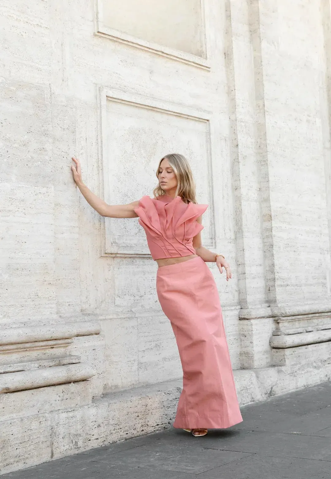 Aje Flame Crop Top and Mary Column Maxi Skirt Set in Guava Pink Size 10  for rent on The Volte - main image