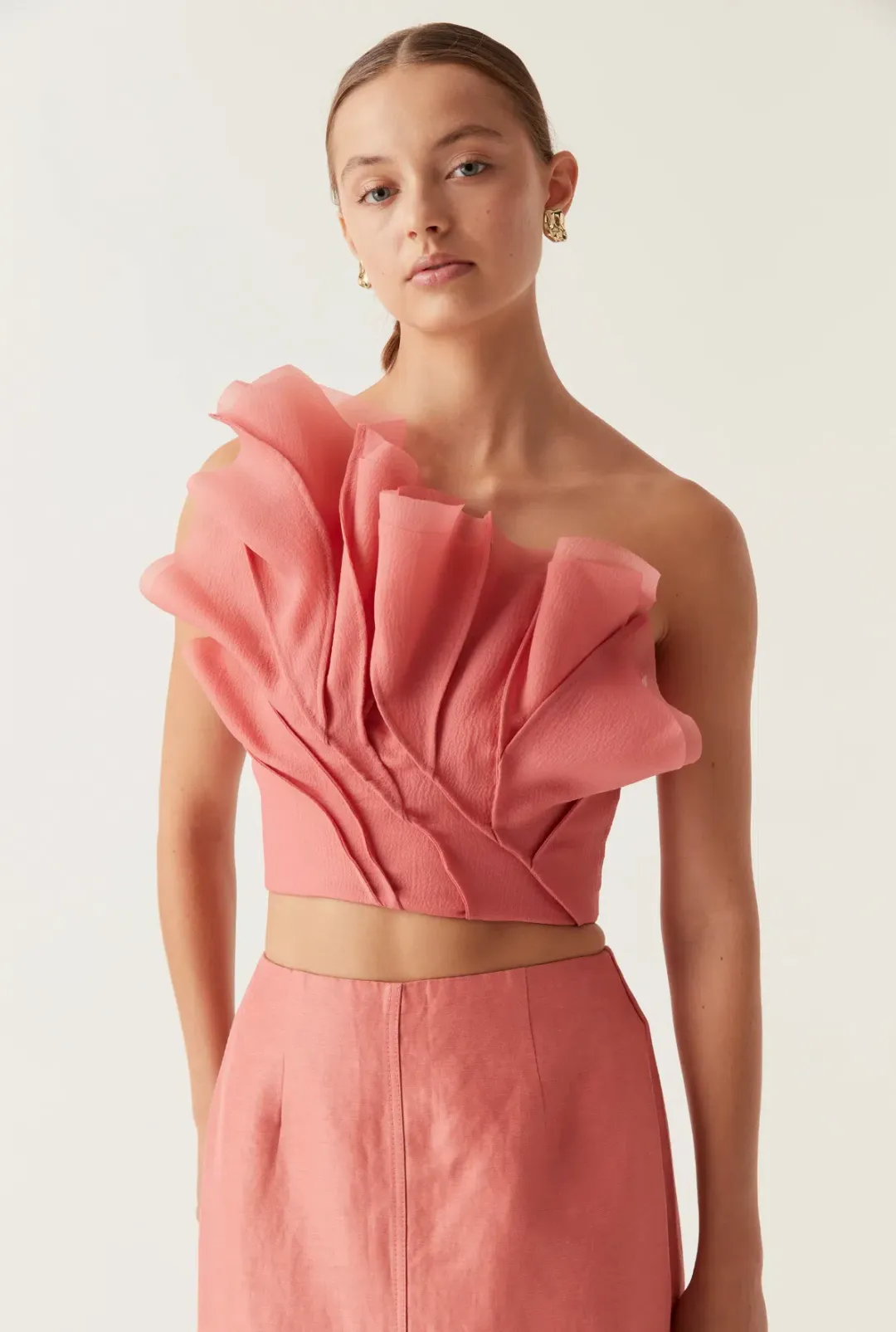 Aje Flame Crop Top and Mary Column Maxi Skirt Set in Guava Pink Size 10  for rent on The Volte - main image