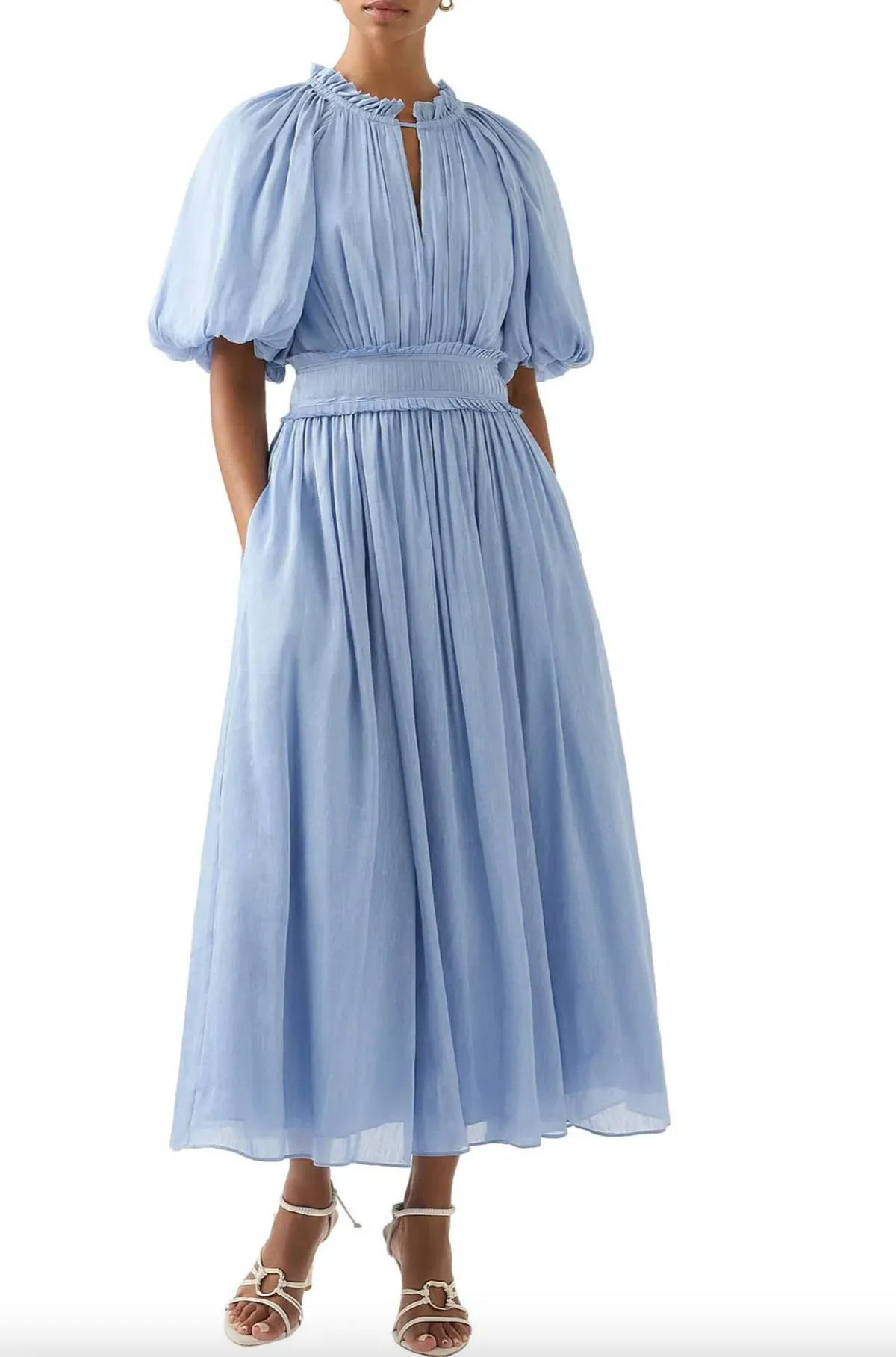 Aje Elysium Blouson Midi Dress Steel Blue Size 6 for rent on The Volte - main image