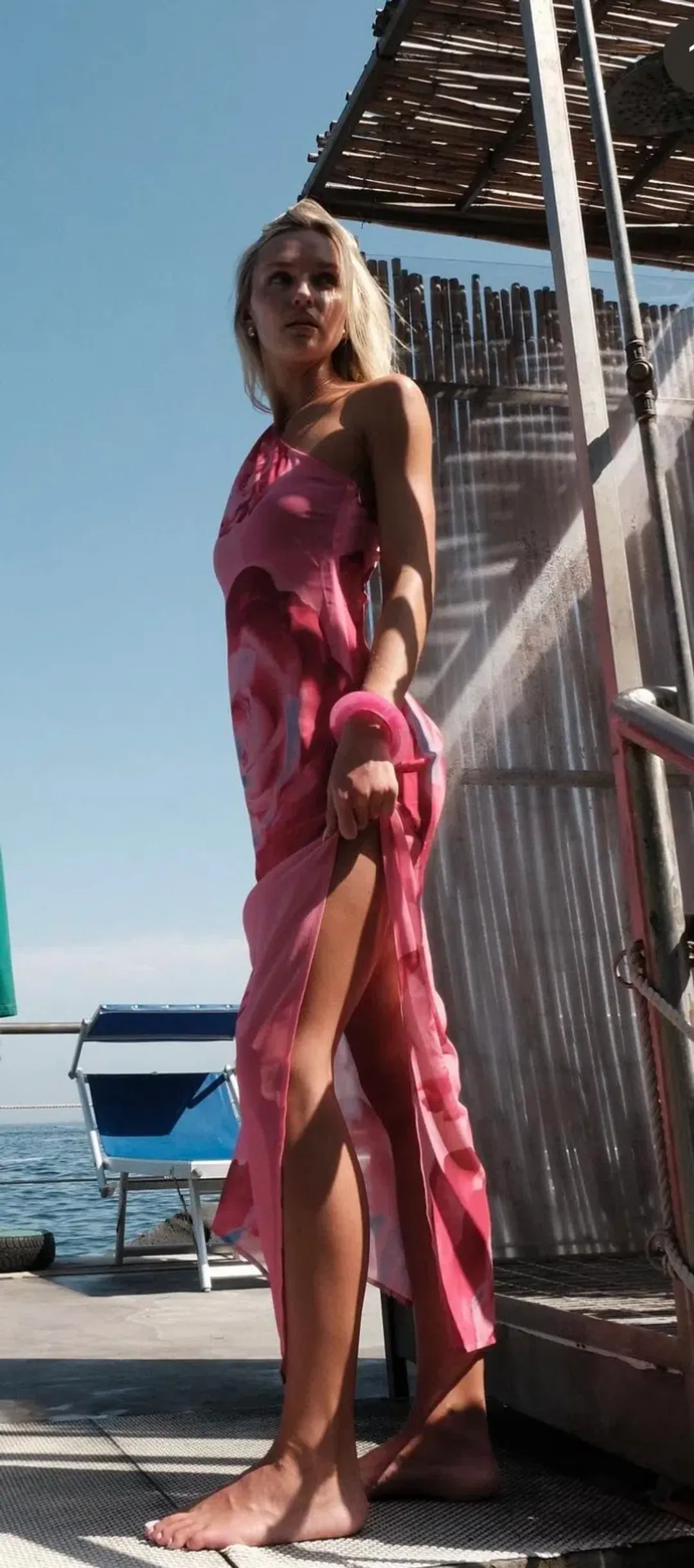 With Harper One Shoulder Sheer Maxi in Pink Rose Size Small / AU 8 for rent on The Volte - main image