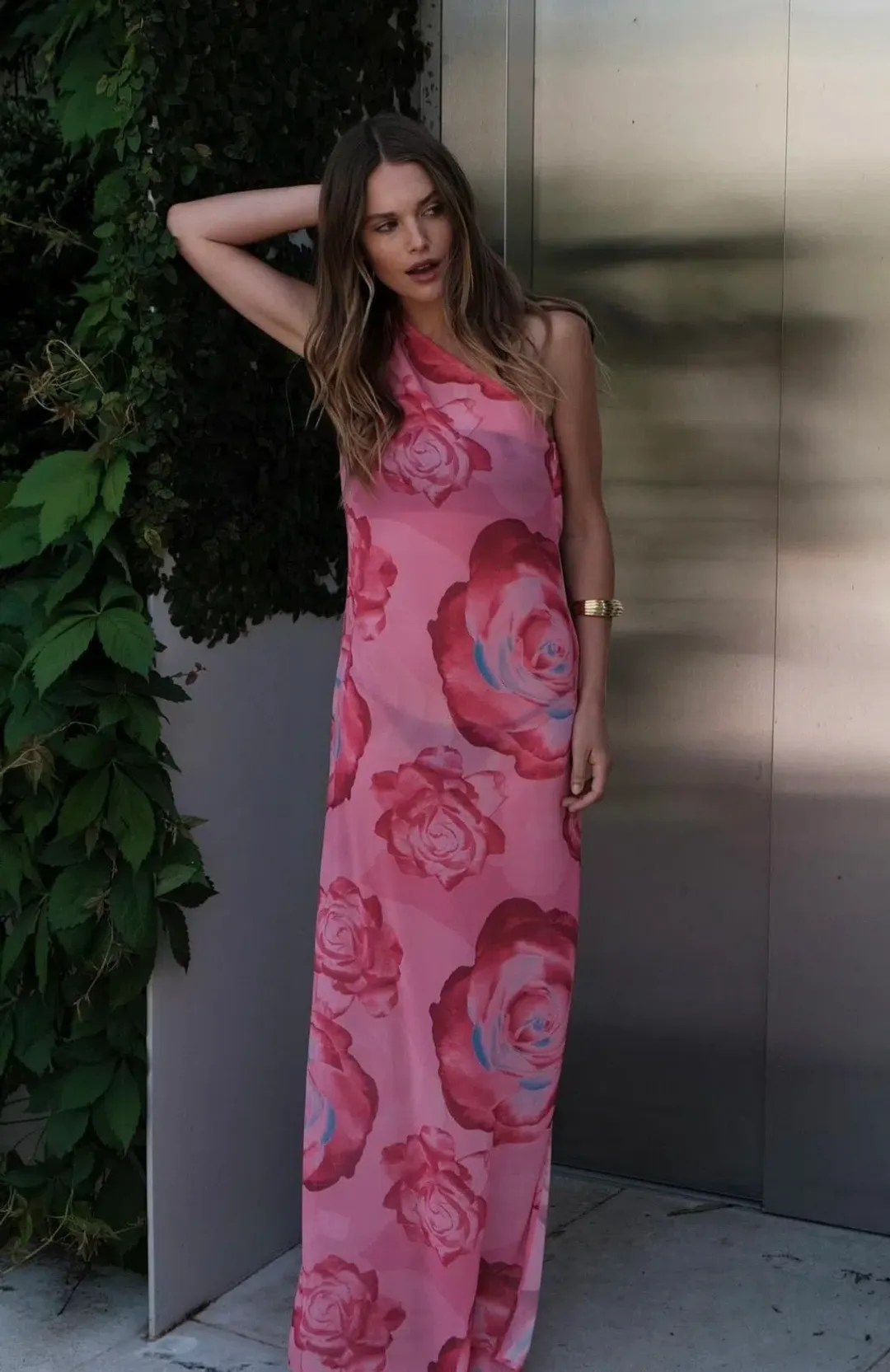 With Harper One Shoulder Sheer Maxi in Pink Rose Size Small / AU 8 for rent on The Volte - main image