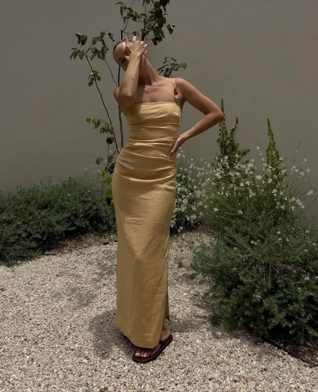 Sir The Label Antonia Beaded Midi Dress Light Tan Size 1 / AU 8 for rent on The Volte - main image