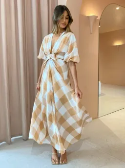 Significant Other Frida Dress In Caramel Check Print Size AU 6 for rent on The Volte - image 1