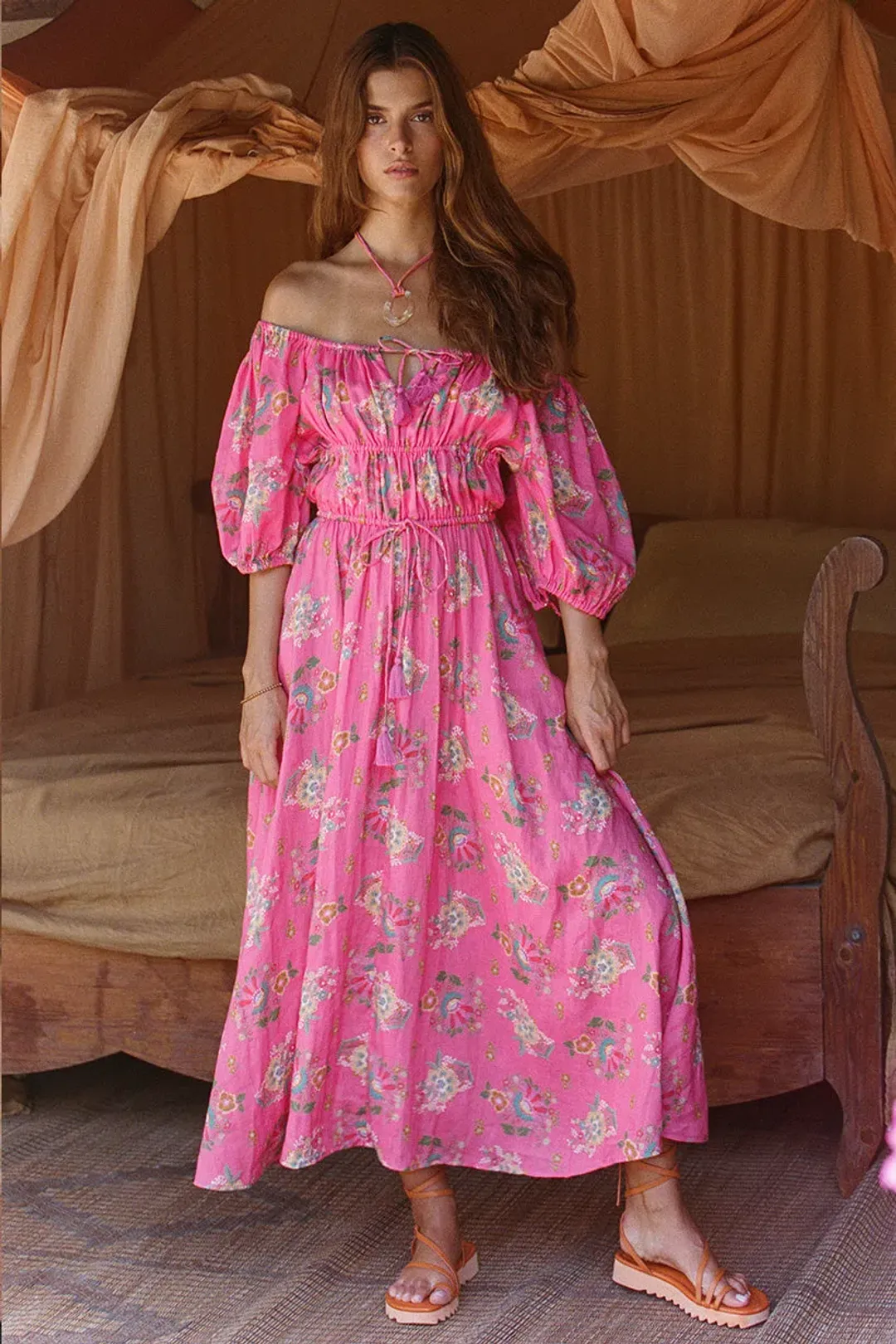 Spell Solstice Linen Soiree Dress Rose Pink Size AU 12 for rent on The Volte - main image