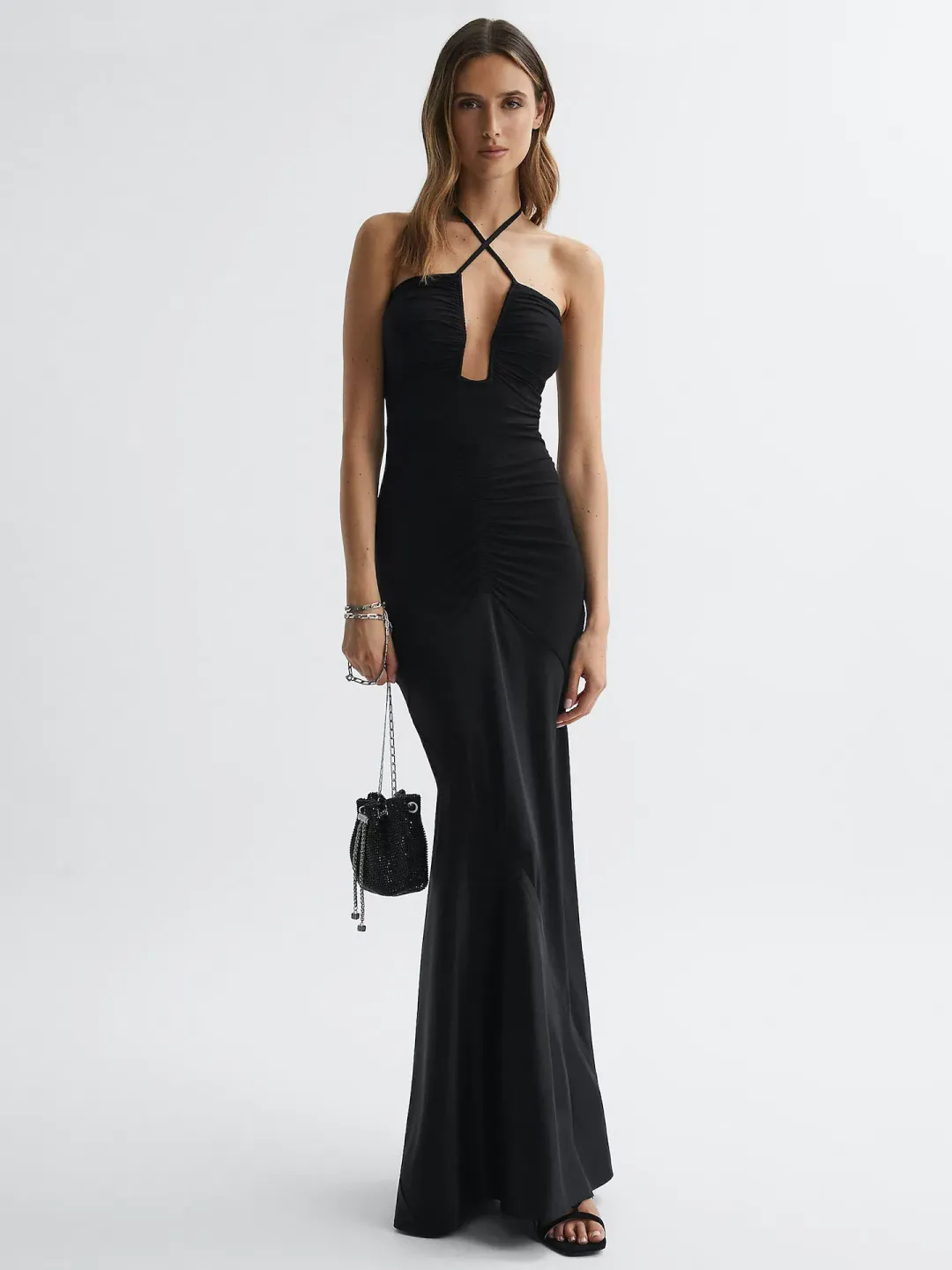 Reiss Thalía Plunge Neck Halter Maxi Dress in Black Size 6 for rent on The Volte - main image