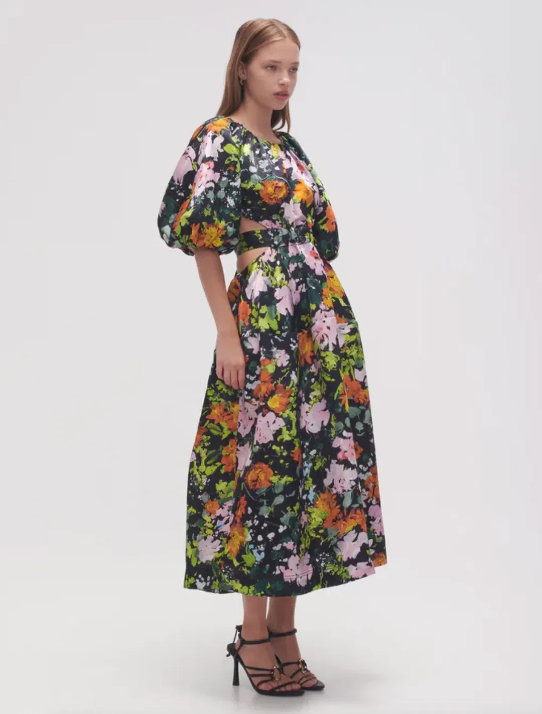 Aje Mimosa Cutout Midi Dress Midnight Floral Size 4 for rent on The Volte - main image