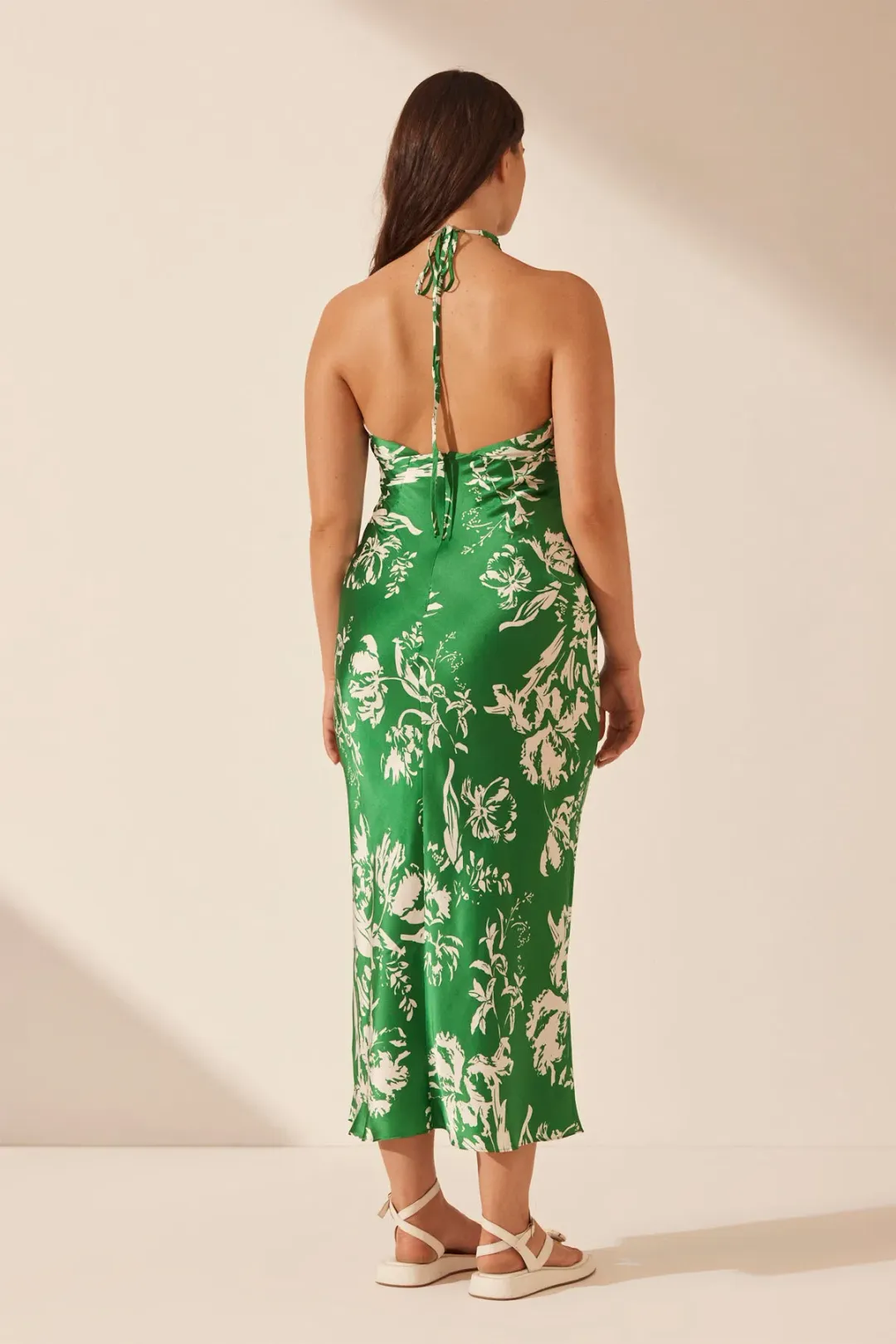 Shona Joy Coppice Silk Cross Front Halter Bias Midi Dress Green Floral Size 12 for rent on The Volte - main image