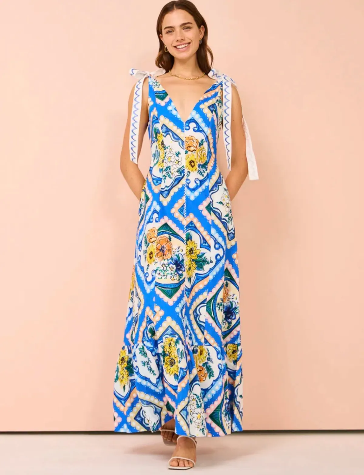By Nicola Adoncia Tie Shoulder Maxi Dress Azure Floral Size 6 for rent on The Volte - main image