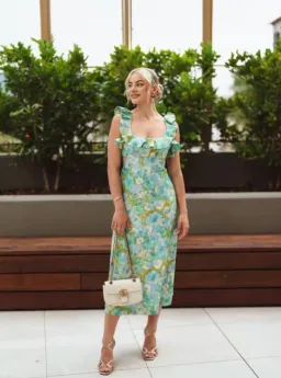 Zimmermann High Tide Ruffle Midi Dress Aqua Ikat Floral Size 1 / AU 10 for rent on The Volte - image 3