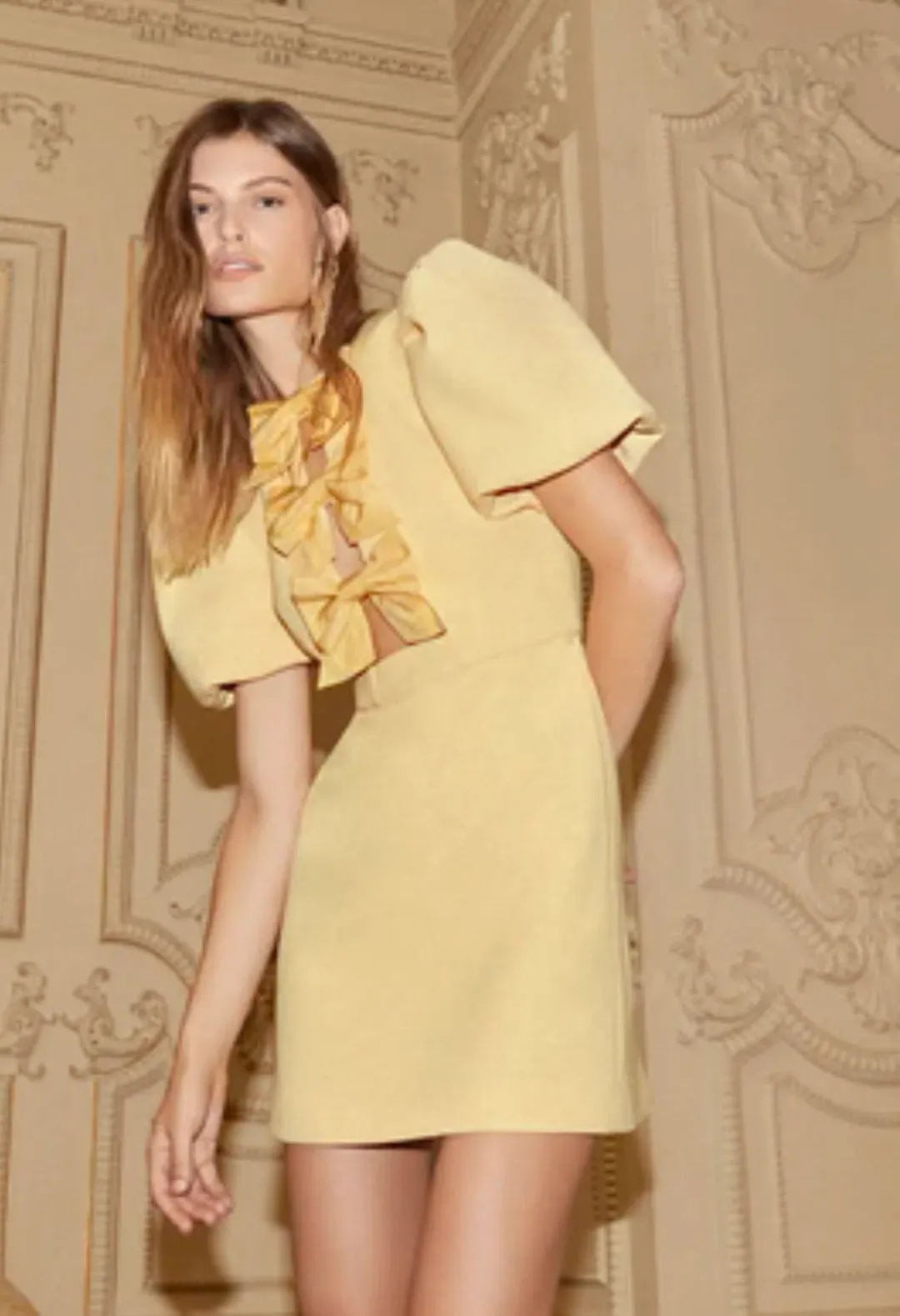 Rebecca Vallance Chloe Bow Mini Dress Yellow Size 6 for rent on The Volte - main image