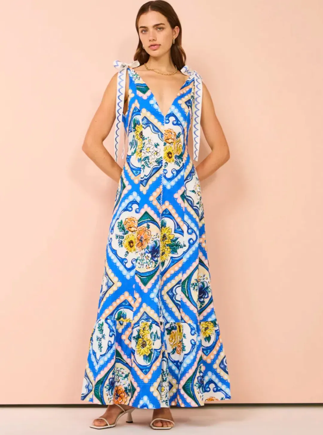 By Nicola Adocia Tie Shoulder Maxi Dress Azure Blue Floral Size 10 for rent on The Volte - main image