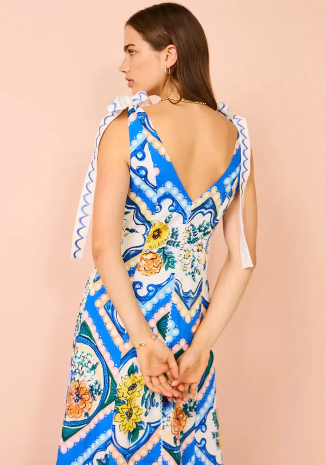 By Nicola Adocia Tie Shoulder Maxi Dress Azure Blue Floral Size 10 for rent on The Volte - main image