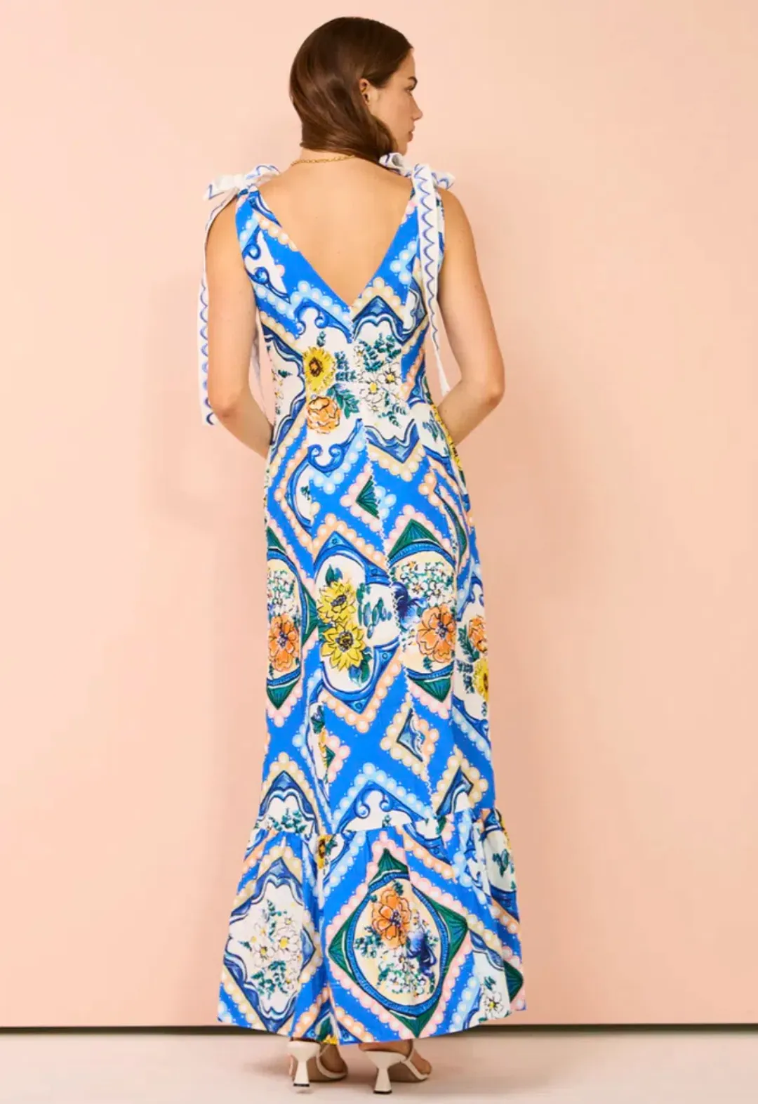 By Nicola Adocia Tie Shoulder Maxi Dress Azure Blue Floral Size 10 for rent on The Volte - main image